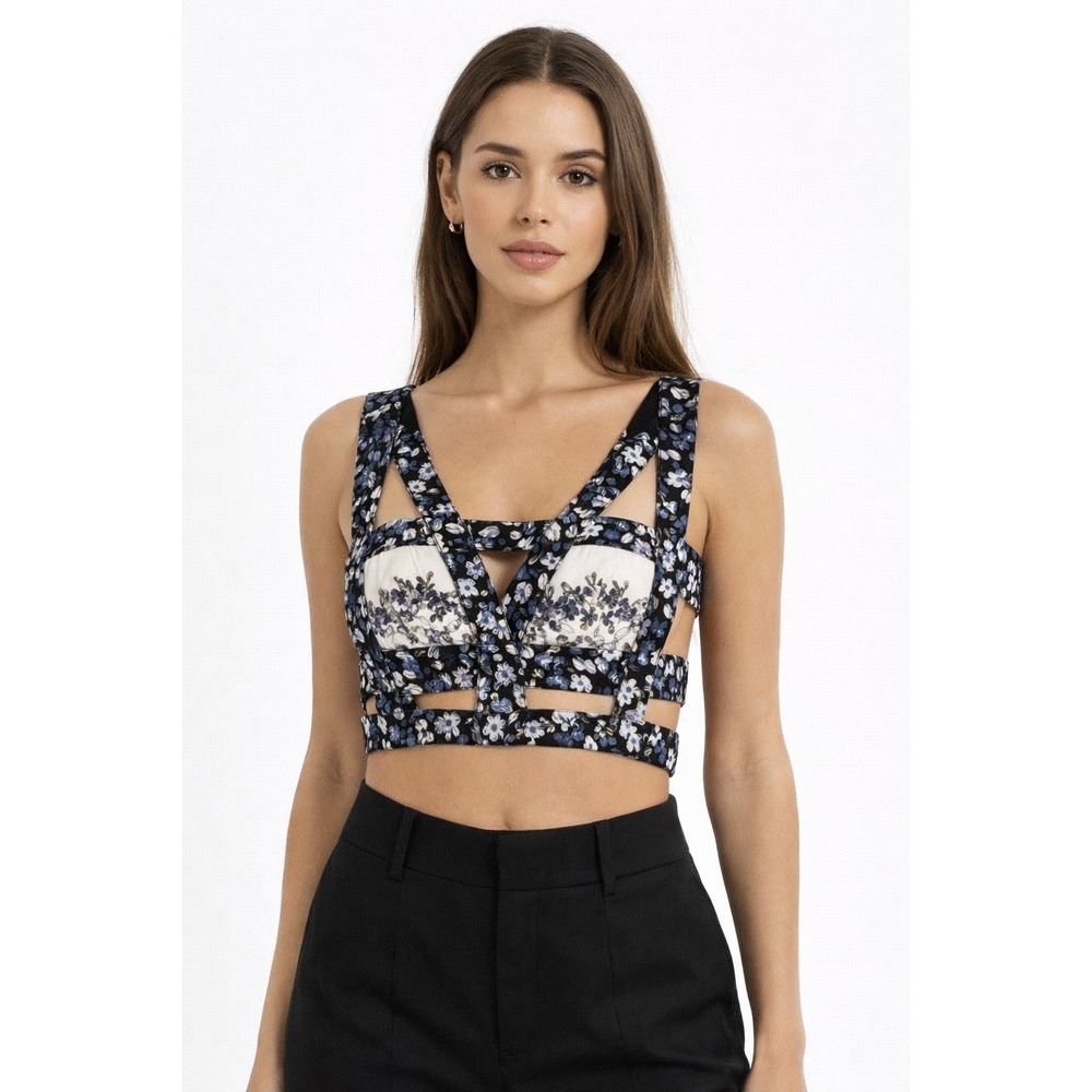 BCBG Max Azria Runway KAJA Floral Harness Crop Top XS Festival Y2K Statement